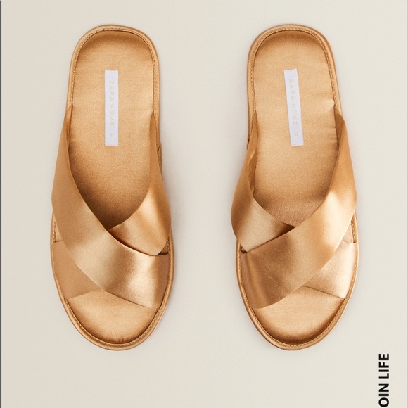 ZARA CROSSOVER GOLD SLIPPERS Slides GOLD NEW SIZE 9 Silky Elegant Zara Home - Picture 1 of 8